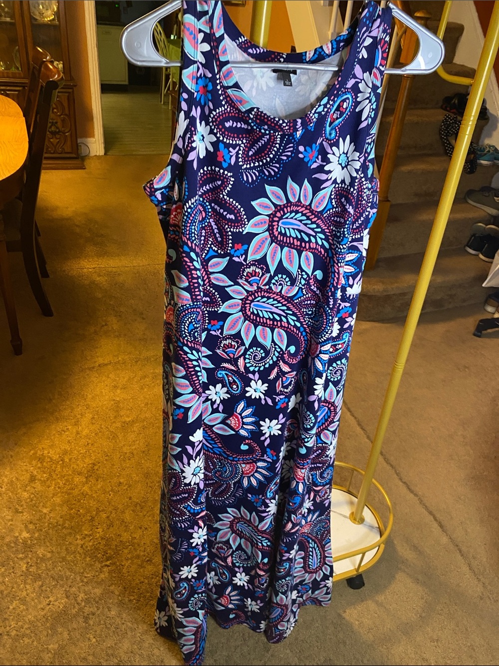 Talbots Navy Paisley Maxi Dress with Pink and Teal Accents